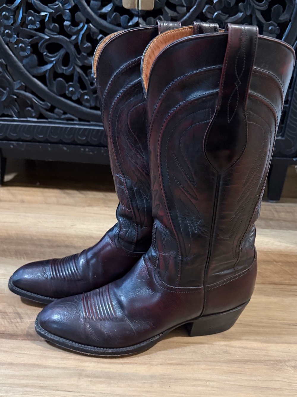 Vintage Lucchese Gavin Black Cherry Goatskin Western Cowboy Boots 9D handmade